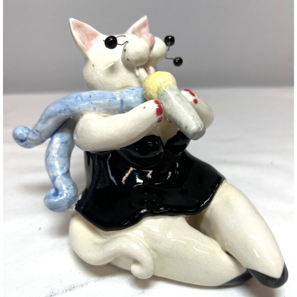 Ceramic Cat Figurine Playing Saxophone With Scarf Ornament - Picture 2 of 3